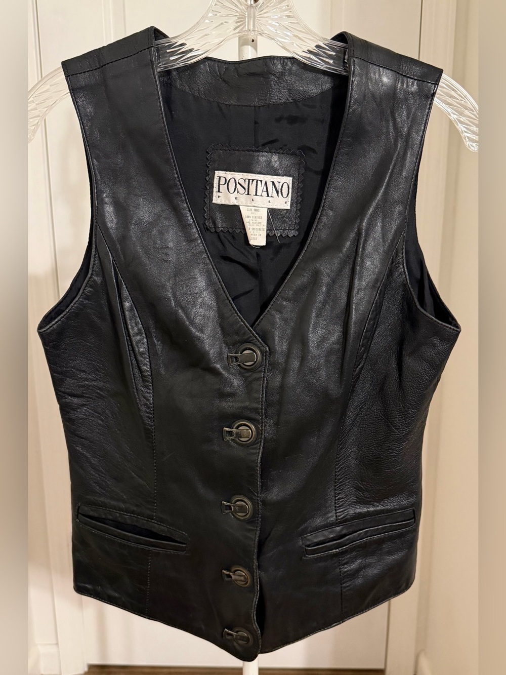 Vintage Positano Pelle Black Leather Vest 1990s Toggle Closure Small